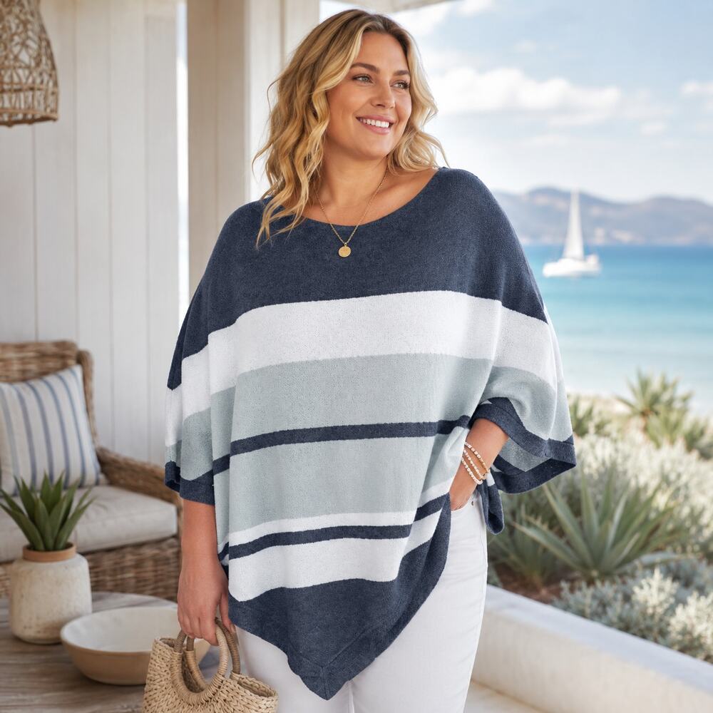 Barefoot Dreams Plus CozyChic UL Ocean Breeze Poncho Blue Water Multi Stripe NWT